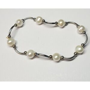 Freshwater Pearl Silver Tone Curved Tube Bead Stretch Bracelet White
